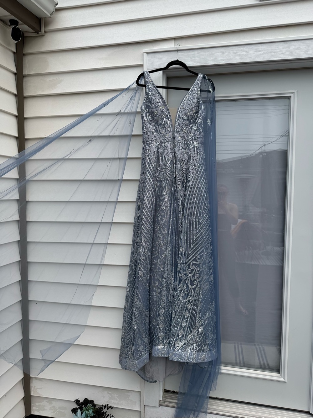 Embroidered V-Neck Prom Dress in Steel Blue